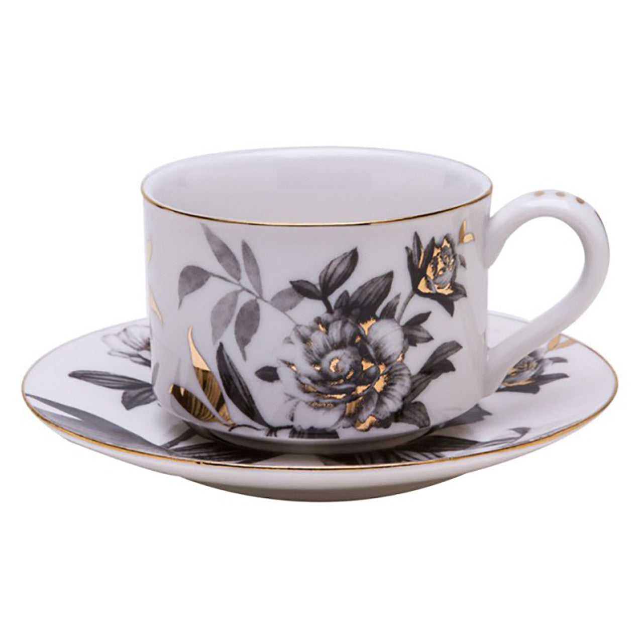 Black Gold Peony - Tea Cups and Saucers - Set of 4