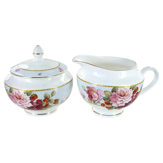 Peony and Strawberry Blue Bone China - Sugar and Creamer Set