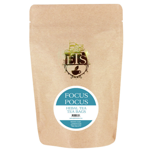 Kraft paper packaging of 'Focus Pocus' herbal tea bags with a visible brand logo.