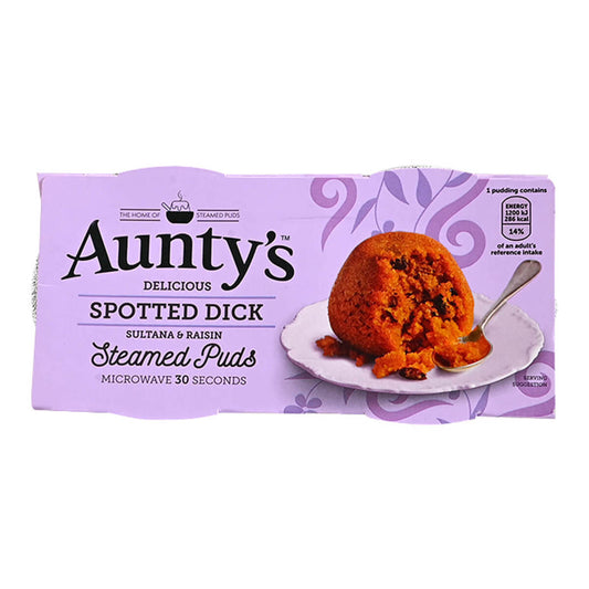 Packaged desert with a purple label featuring 'Aunty's' branding on a white background.