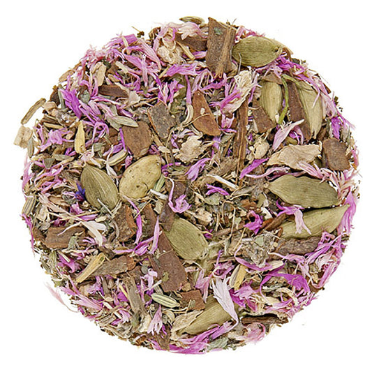 A mix of dried herbal blend loose-leaf tea and flowers intended for use in herbal tea, including pieces of peppermint, cinnamon, cardamom, lemon balm, ginger, licorice, fennel, and Burdock root.