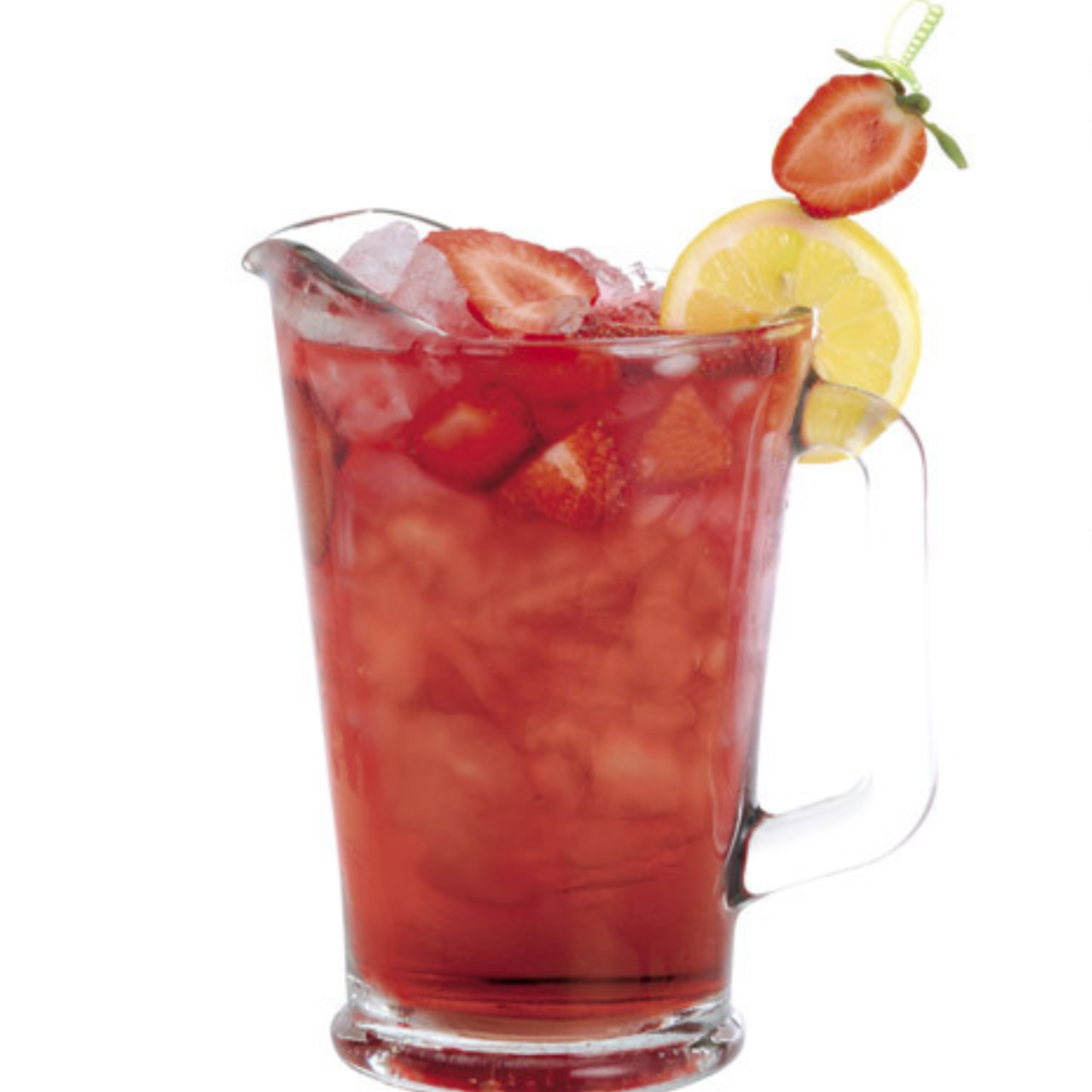 Glass pitcher of red fruit punch with strawberries and lemon slices on a white background