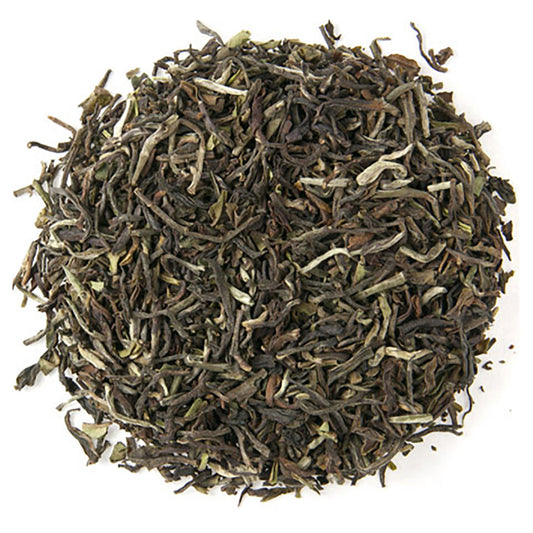 A close-up of loose leaf Soom Estate Darjeeling tea.