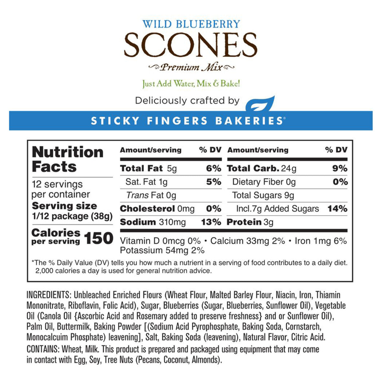Nutrition label for Wild Blueberry Scones Premium Mix by Sticky Fingers Bakeries
