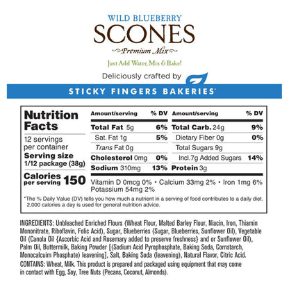 Nutrition label for Wild Blueberry Scones Premium Mix by Sticky Fingers Bakeries
