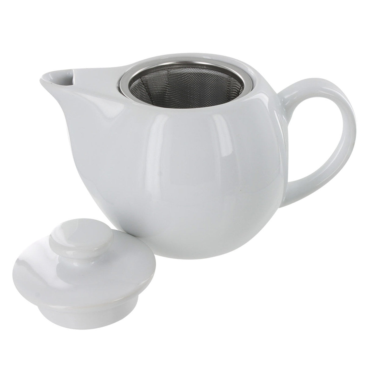 White ceramic teapot with a metal infuser on a white background