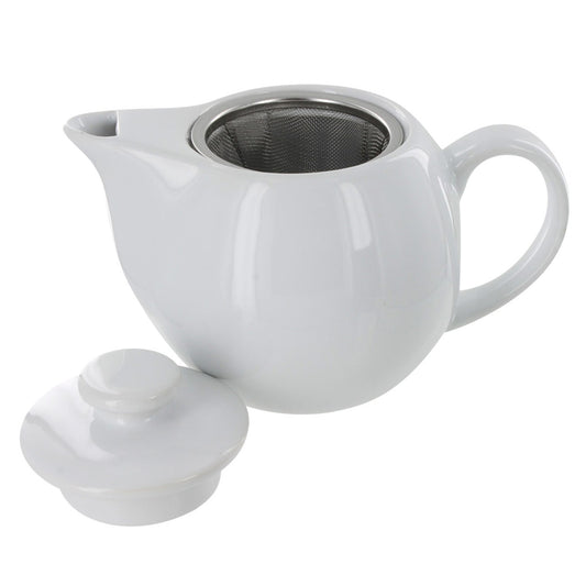 White ceramic teapot with a metal infuser on a white background