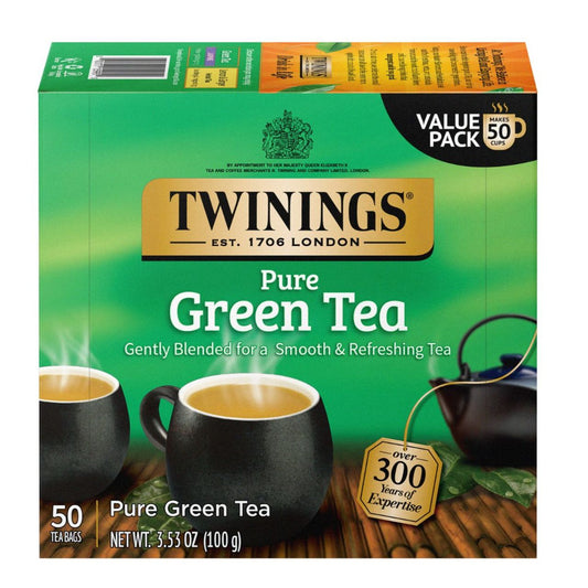 Box of Twinings Pure Green Tea with branding and product details on a green background