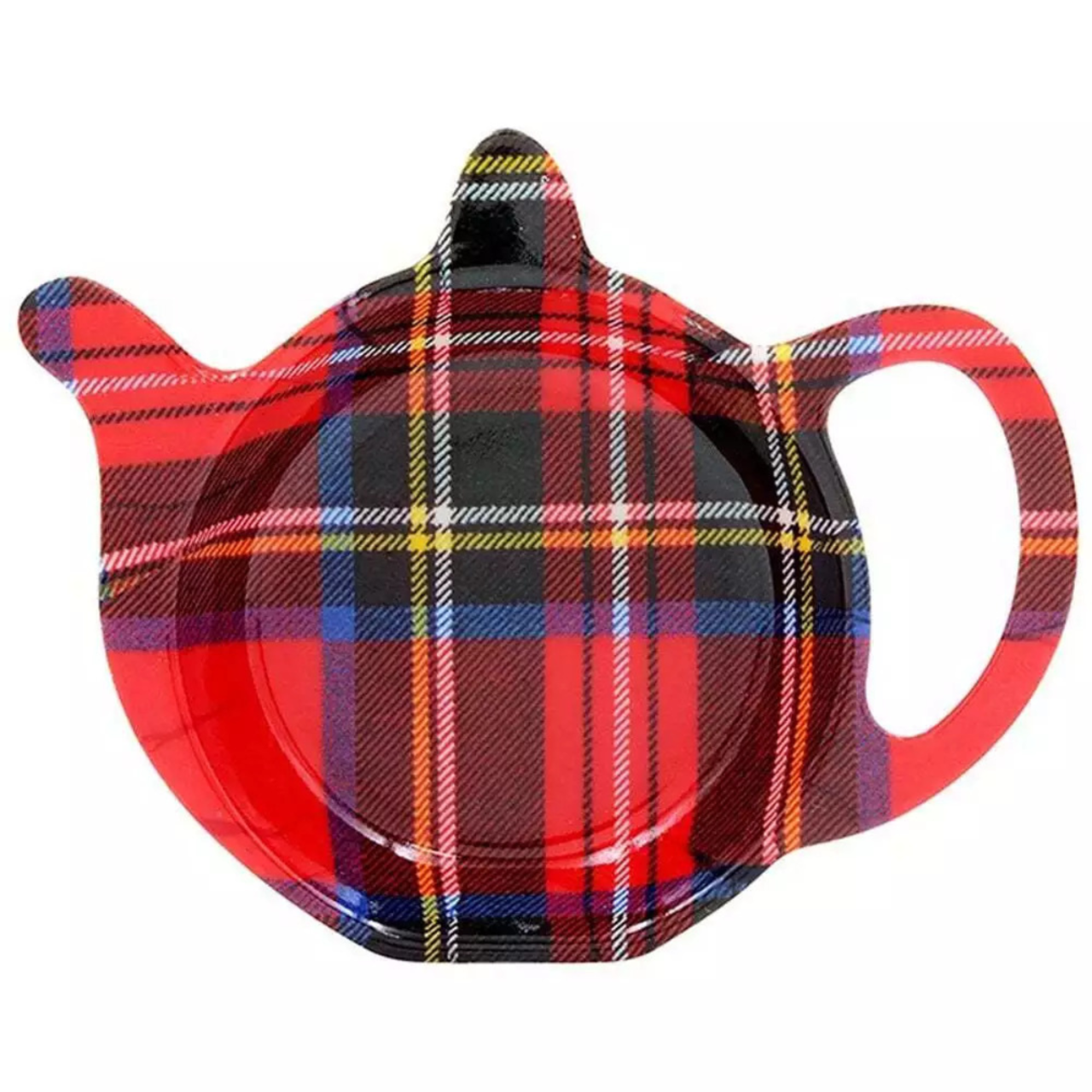 Red and black plaid teapot-shaped tea bag tidy on a white background