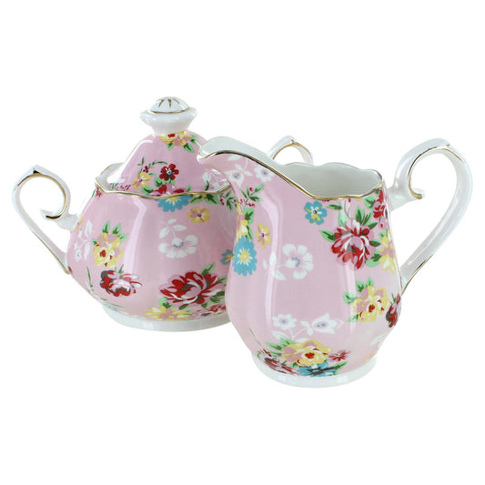 Shabby Rose Pink Porcelain - Sugar and Creamer Set - Image 1