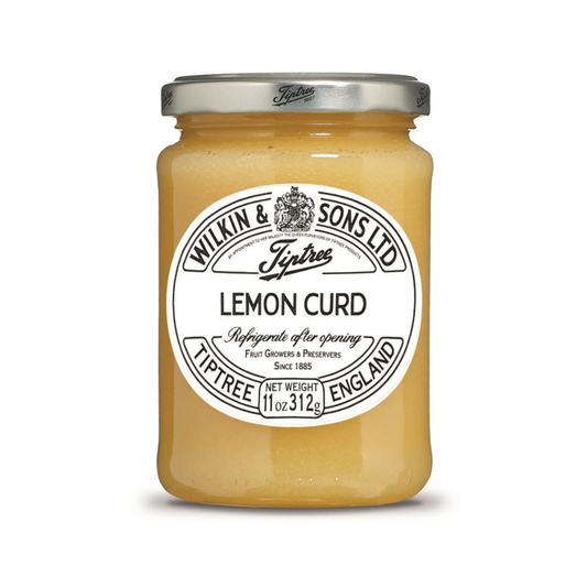 Jar of lemon curd with Tiptree label on a white background