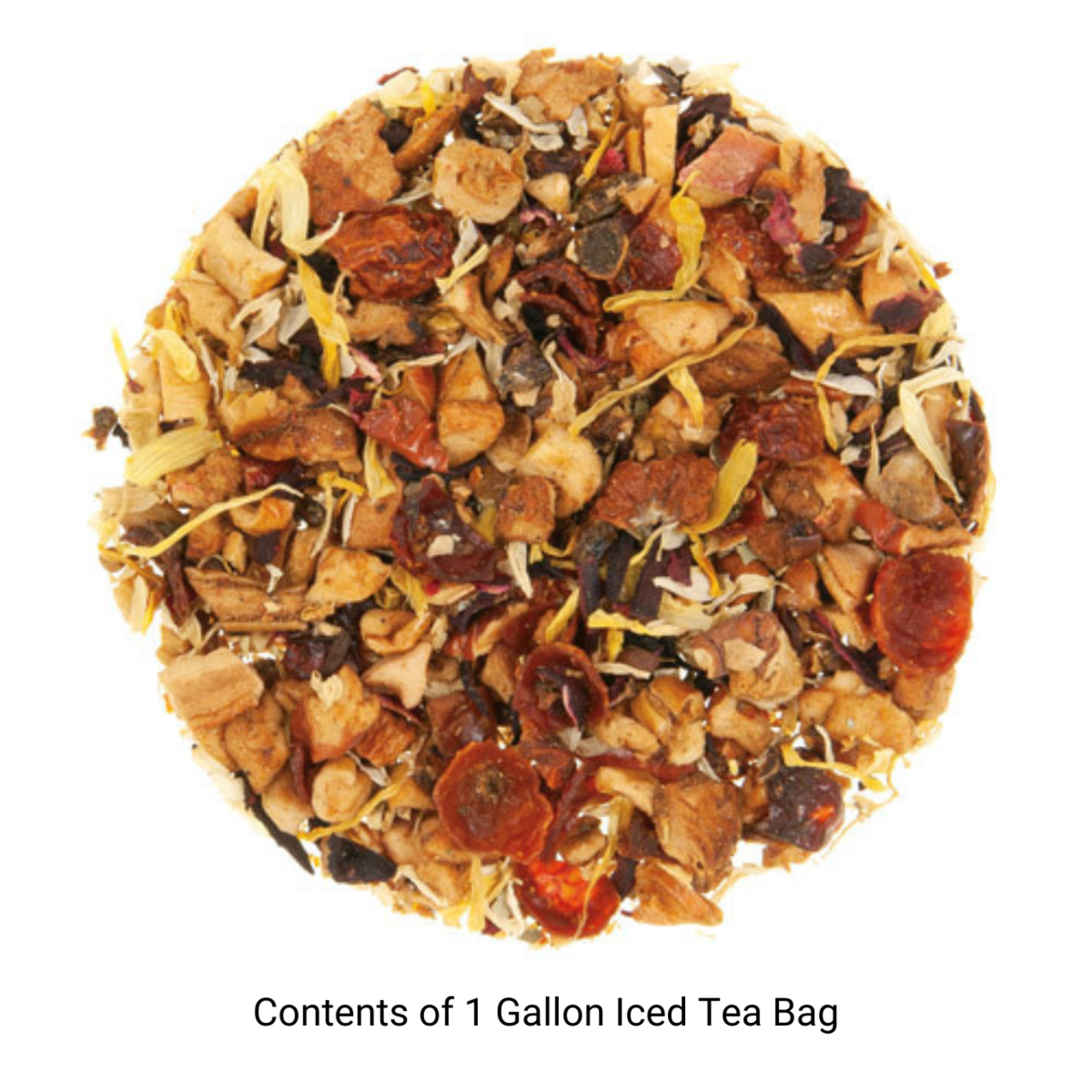 Circular image of tea leaves and fruit pieces with text for a gallon iced tea bag on a white background.