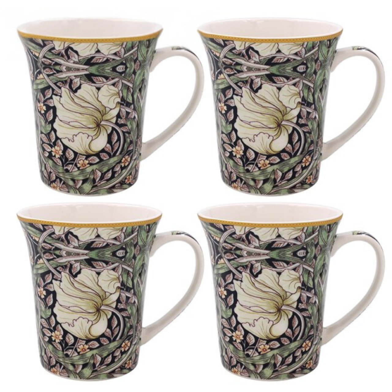 Set of four decorative mugs with floral patterns on a white background