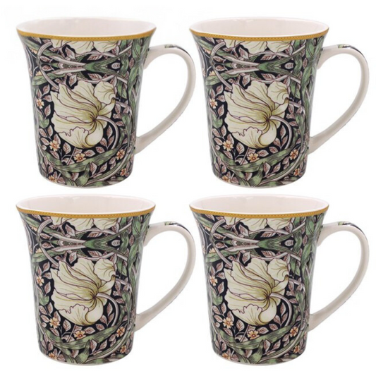 Set of four decorative mugs with floral patterns on a white background