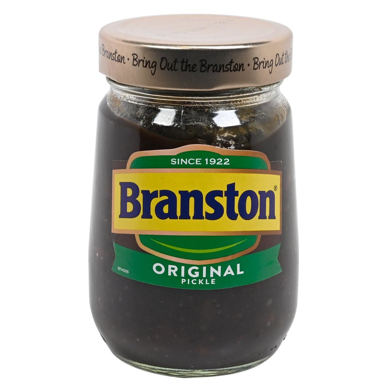 Jar of Branston Original Pickle on a white background