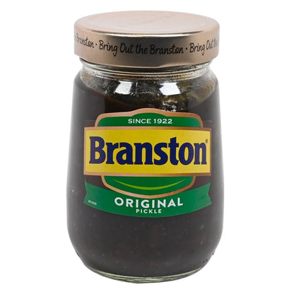 Jar of Branston Original Pickle on a white background