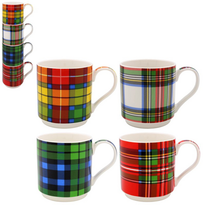 Set of plaid patterned mugs on a white background
