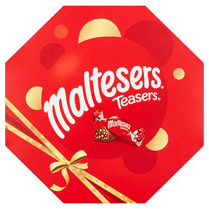 Red Maltesers Teasers candy box with gold accents on a white background