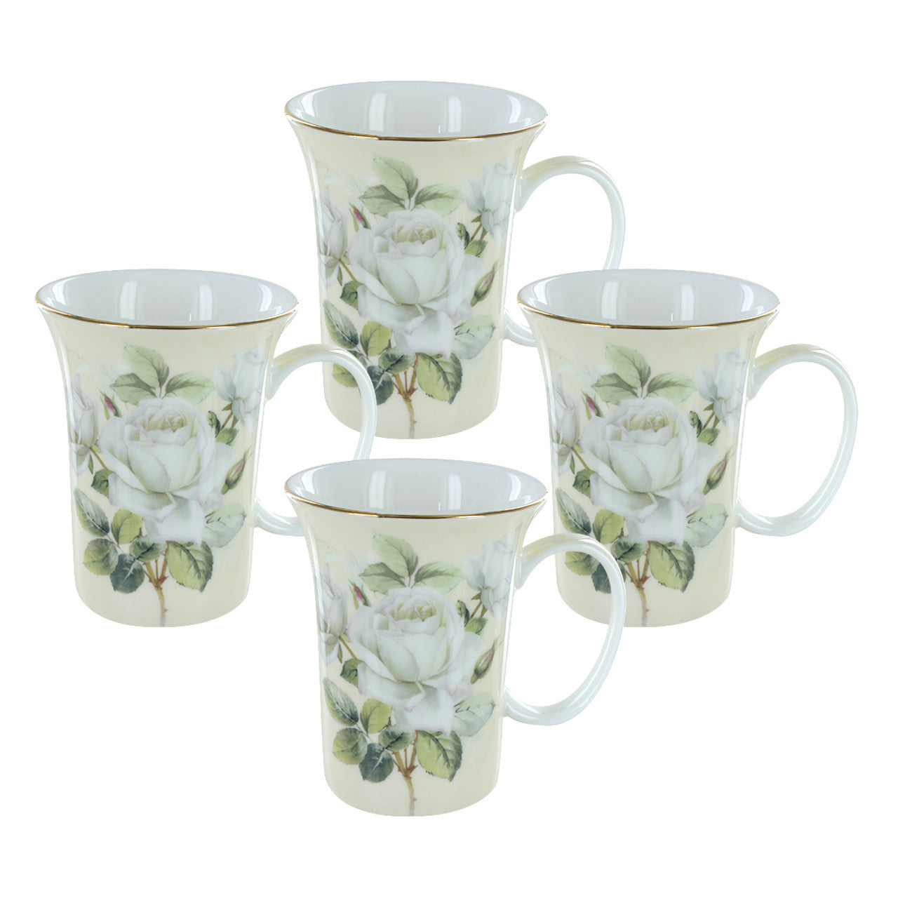 Set of four iceberg bone china mugs with floral design on a white background