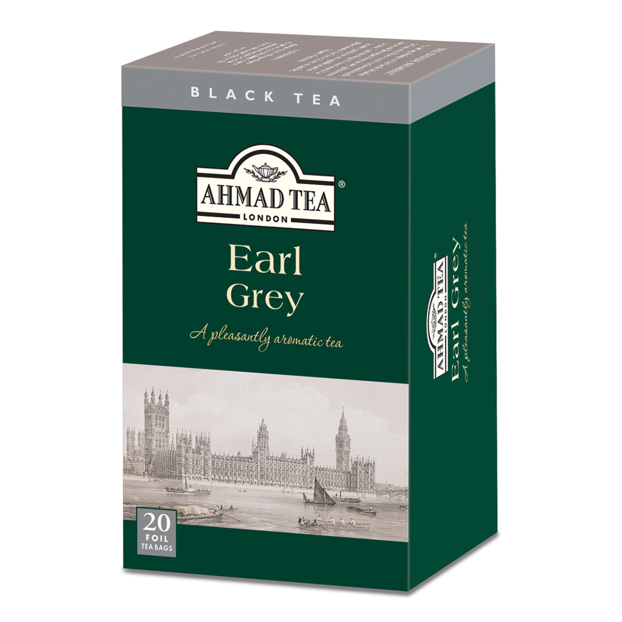 Box of Ahmad Tea London Earl Grey black tea on a white background