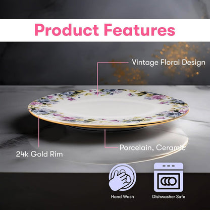 Decorative plate with floral design and gold rim on a gray surface, labeled with product features.