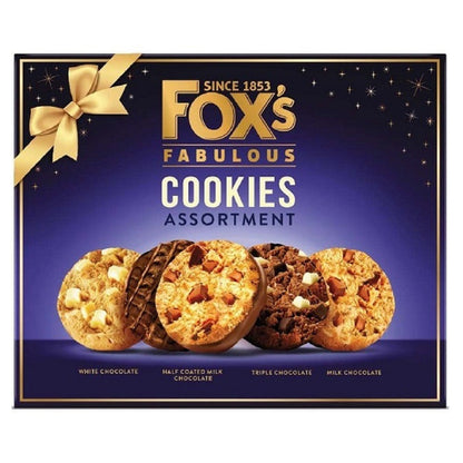 Fox's Fabulous Cookies Assortment packaging with a gold bow on a blue background