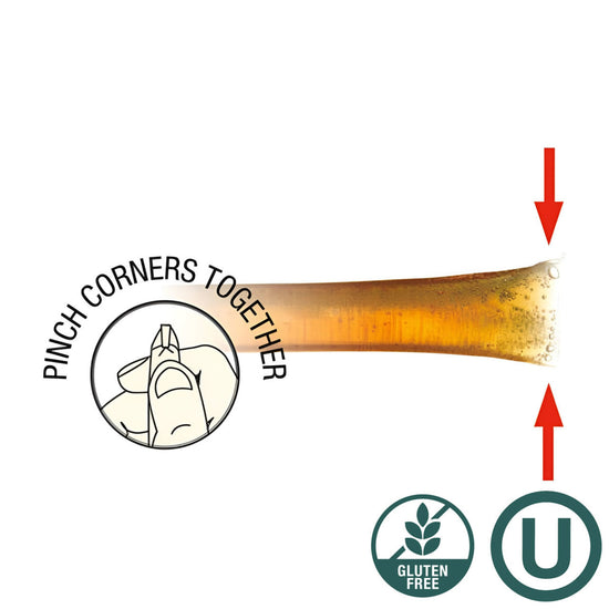 Instructional diagram showing how to pinch corners of a honey stick together with a gluten-free and allergen-free symbol.