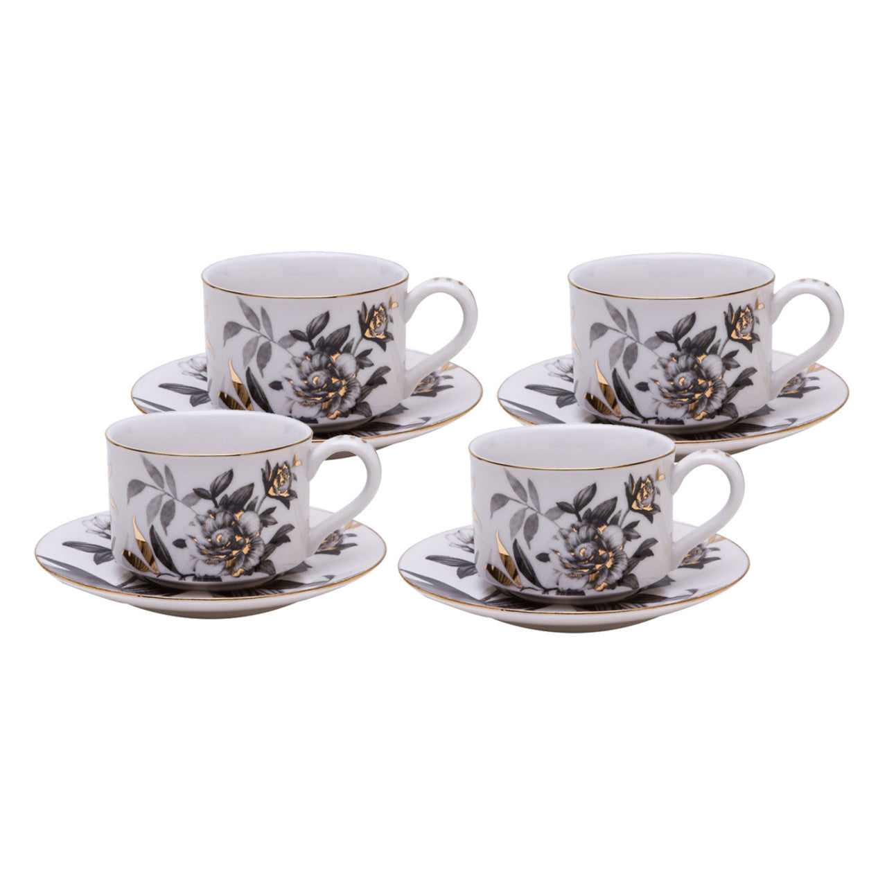 Black Gold Peony - Tea Cups and Saucers - Set of 4