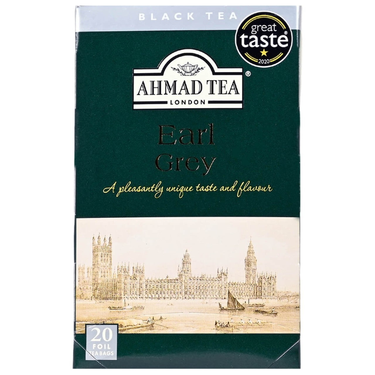 Ahmad Tea London Earl Grey black tea package with a scenic illustration on a white background