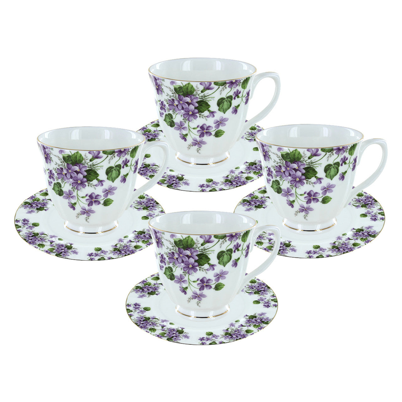 Gracie's Violets Bone China - Tea Cup and Saucer Set of 4
