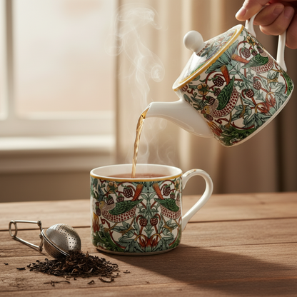 Decorative teapot pouring tea into matching mug with intricate patterns on a table with loose tea