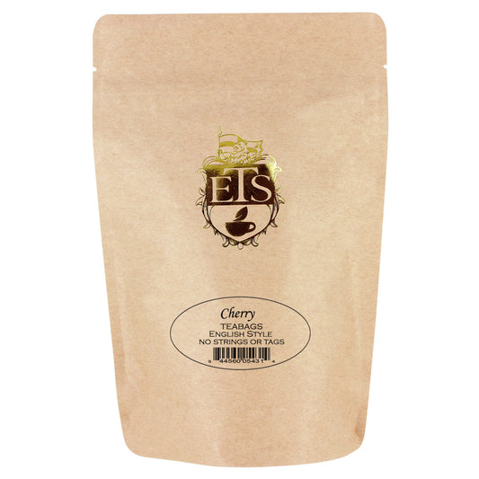 Kraft paper packaging of cherry teabags with ETS logo and text on a white background