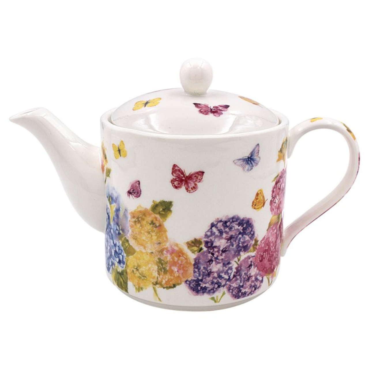 White teapot with floral and butterfly design on a white background