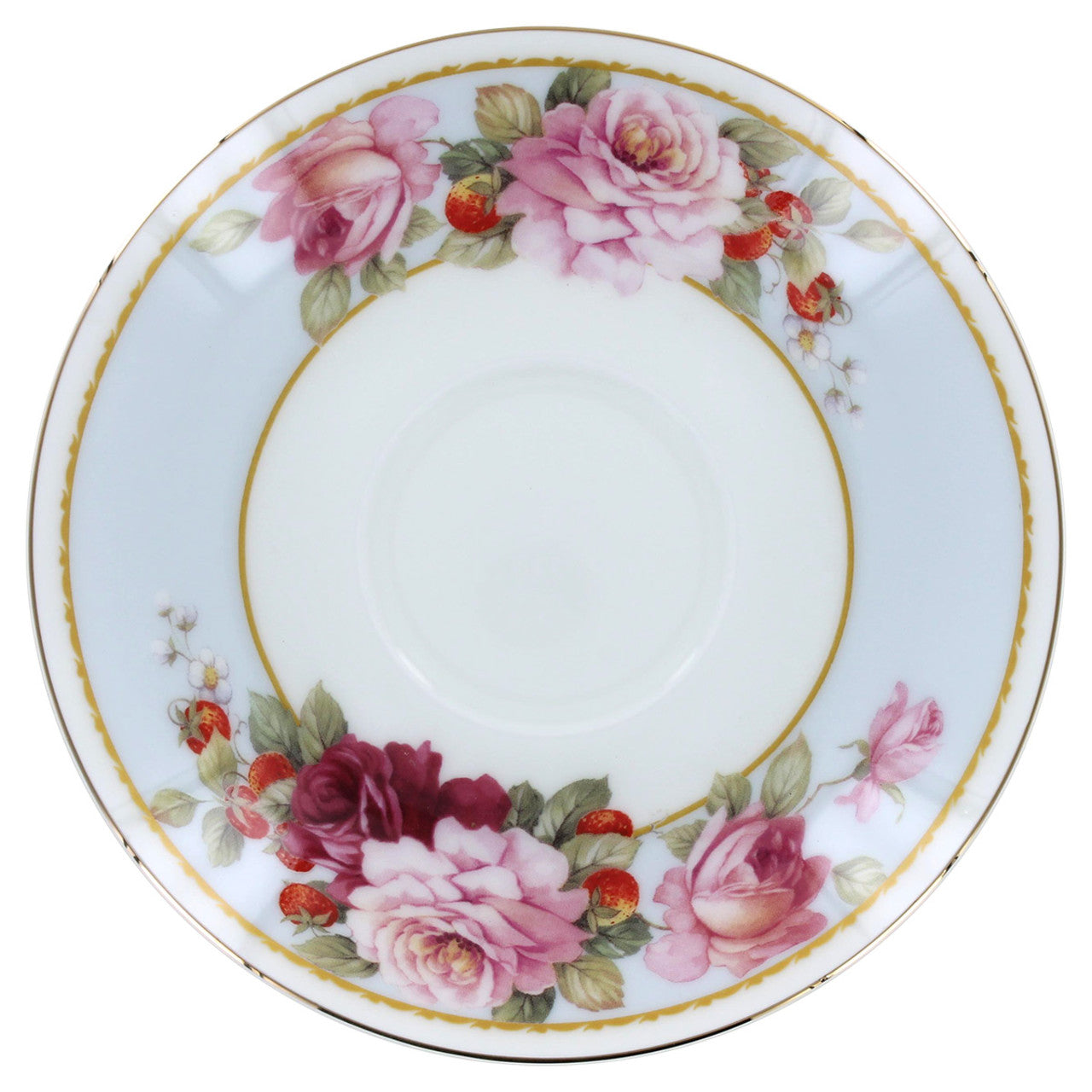 Peony and Strawberry Blue Bone China - Tea Cup and Saucer Set of 4