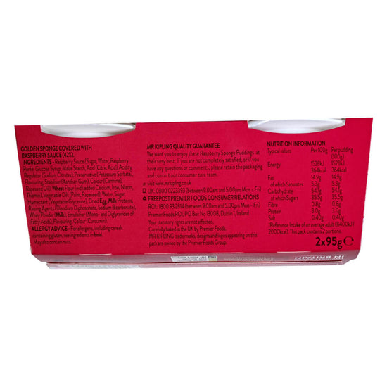 Red packaging of 2 Mr. Kipling raspberry sponge puddings pack with nutritional information. Package is on a white background